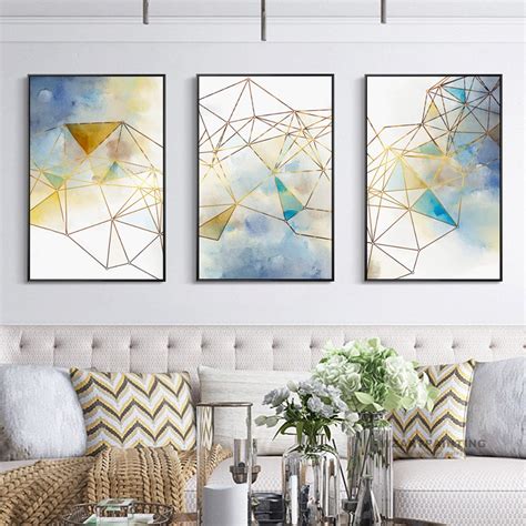 Set Of 3 Prints Framed Wall Art Modern Abstract Geometric Gold Blue