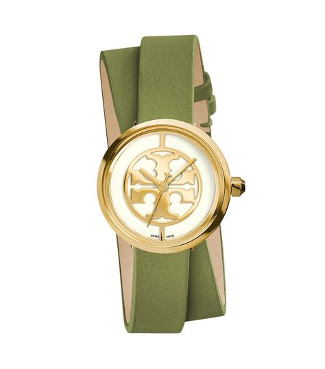 Lyst Tory Burch Reva Double Wrap Watch Green Leathergold Tone 28