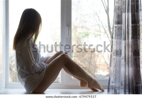 Sexy Girl Sit On A Window In White Men Shirt Relationship Concept