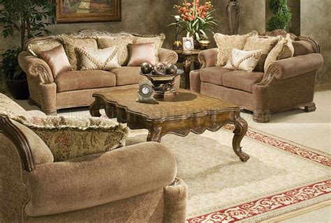 Tan Chenille Traditional Sofa And Loveseat Set Whand Carvings
