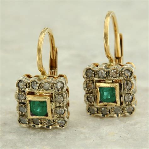 14k Yellow Gold Natural Real Emerald And Diamond Halo Leverback Dangle