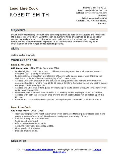 Lead Line Cook Resume Samples Qwikresume