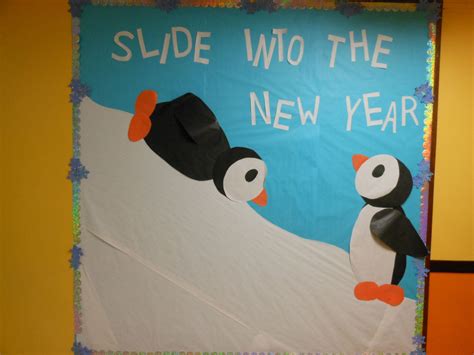 January Bulletin Board Slide Into The New Year Penguins Silver And