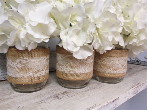 Set Of 3 Burlap And Lace Wrapped Mason Jars Perfect For
