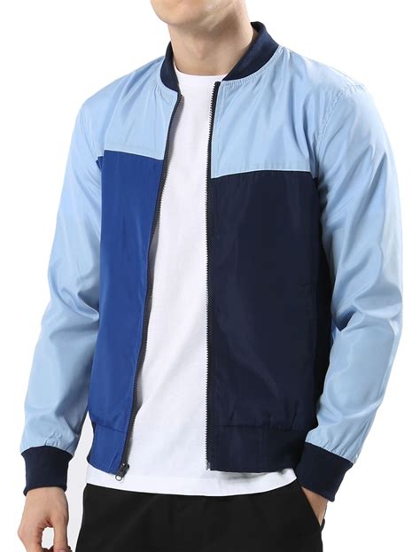 Men Color Block Zip Front Slant Pocket Long Sleeves Windbreaker Jacket