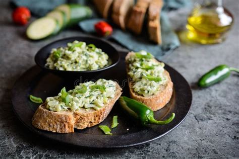 Healthy Zucchini Spread With Onion Garlic And Cream Cheese Stock Image