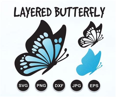 Three Butterflies With The Words Layered Butterfly Svg And Dxf On Each Side