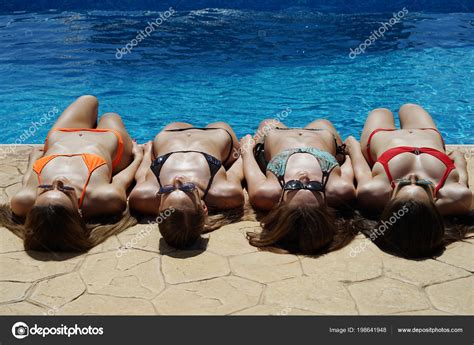 Group Women Sexy Bikinis Sunbathing Tile Swimming Pool Stock Photo By