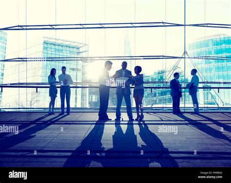 Back Lit Business People Discussion Cityscape Meeting Concept Stock