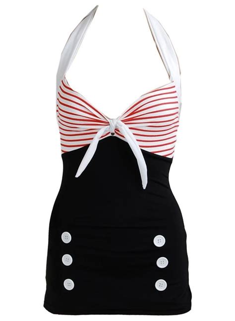 Pinupclothingonline Stripe Black Retro Pin Up Womens Swimsuit Swimwear