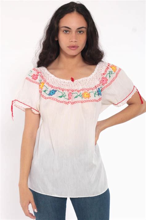 White Mexican Blouse Embroidered Top Peasant Semi Sheer Hippie Boho