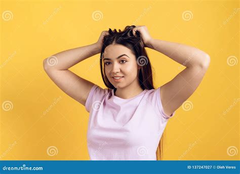 Young Joyous Girl Ruffles Long Hair On Head Stock Image Image Of