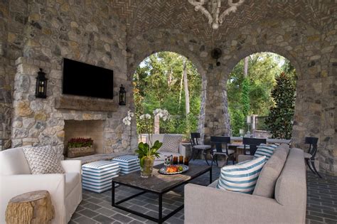 Elaborate Outdoor Living Room With Stone Walls Hgtv