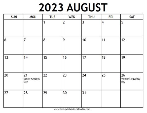 Printable 2023 August Calendar Free Printable