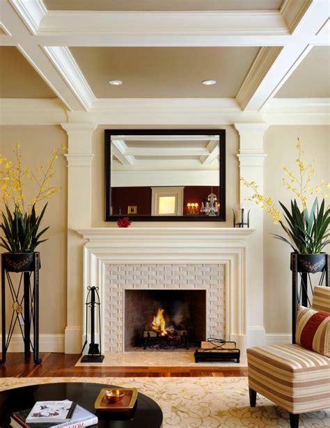 Fireplace Surround Tile Living Room Transitional With Coffered Ceiling