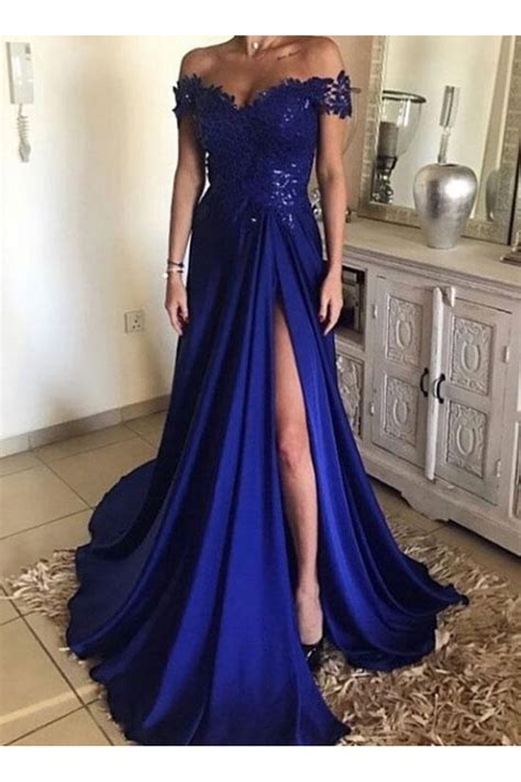 A Line Long Blue Lace Off The Shoulder Prom Dresses Formal Evening