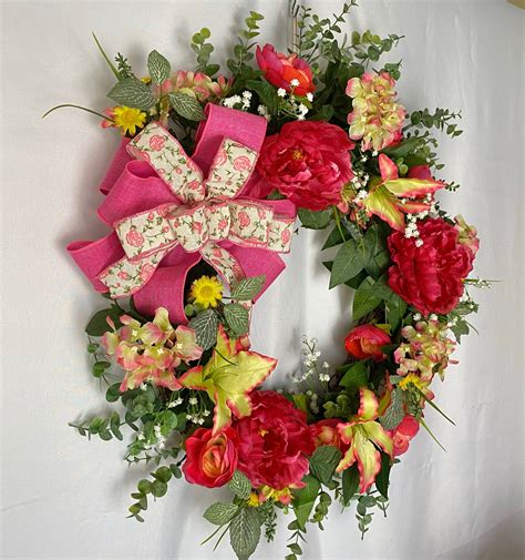 Hot Pink Summer Grapevine Wreath With Bow Floral Grapevine Etsy