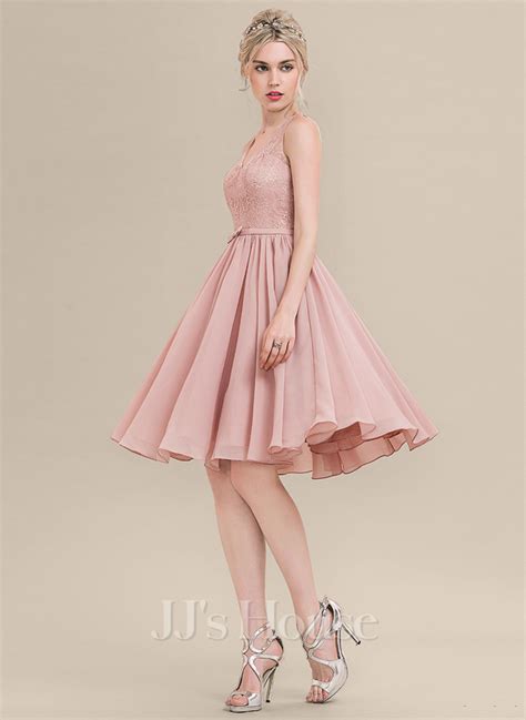 A Line V Neck Knee Length Chiffon Lace Bridesmaid Dress With Lace Bows