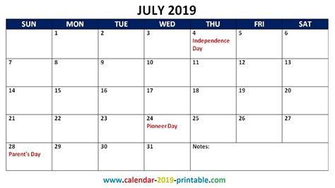 July 2019 Holidays Calendar Template Calendar Printables Holiday