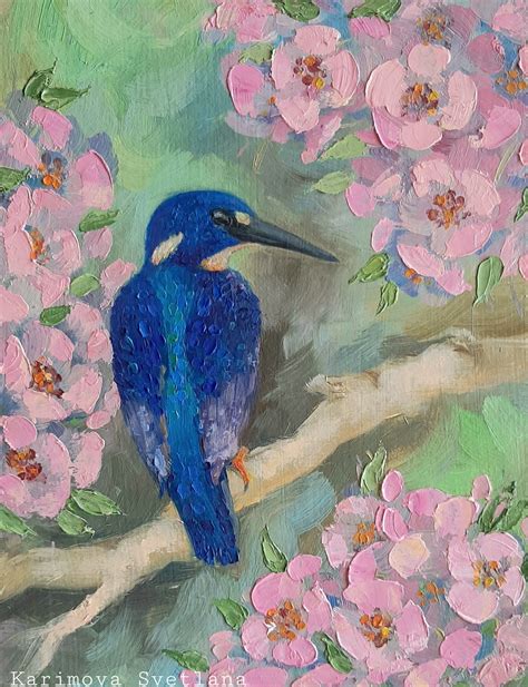 Birds Oil Painting Original Kingfisher Original Art Blue Etsy