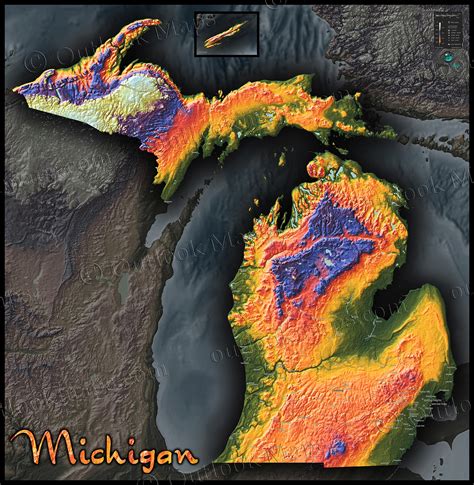 Topographic Map Of Michigan Physical Terrain In Bold Colors