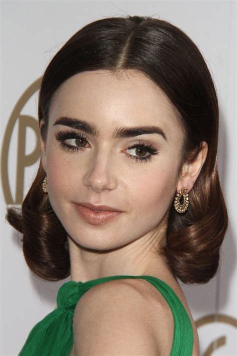 Lily Collins Wavy Dark Brown Bob Inward Curl Hairstyle Steal Her Style