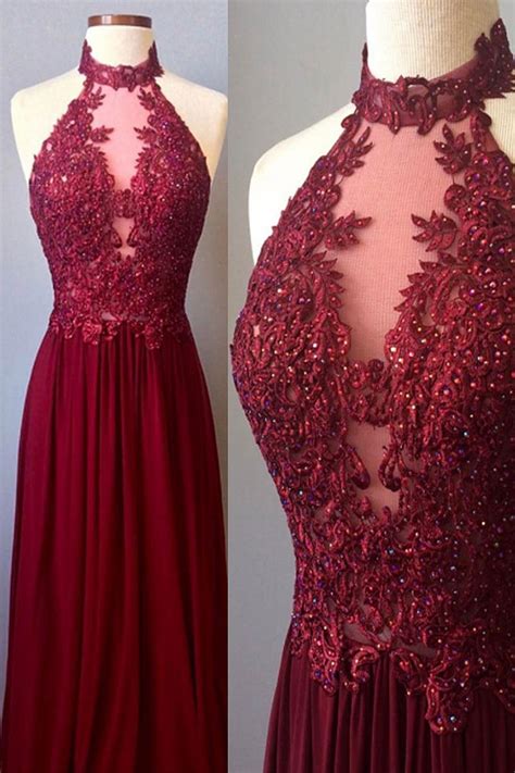 Burgundy Lace High Neck Long Prom Dress Burgundy Evening Dress Dresstby