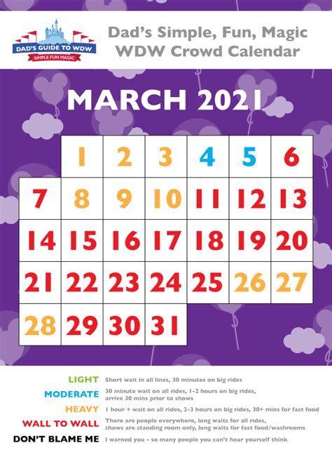 Our disney crowd calendar updates on a monthly basis and currently features the year 2021. Disney World March 2021 Crowd Calendar | Printable March