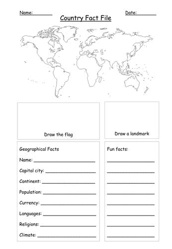 Country Fact File World Map Template Worksheet Geography By Sandiejones