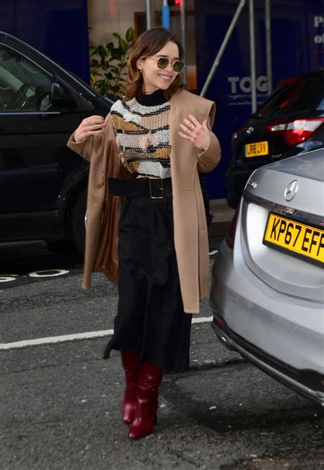 Emilia Clarke Maroon Leather Boots Street Style London 2020 On Sassy