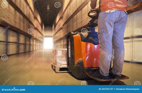Workers Driving Forklift Pallet Jack Unloading Cargo Boxes On Pallet Supply Chain Shipping
