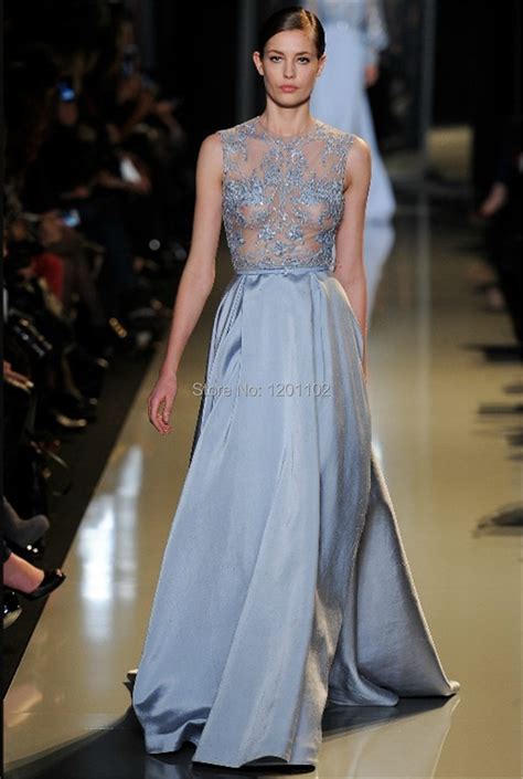 2015 New Arrvial Kaftan Couture A L Light Blue Runway Sexy See Through Prom Dresses High Neck