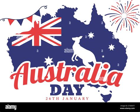 happy australia day vector illustration on 26 january with map and australian flag for banner or