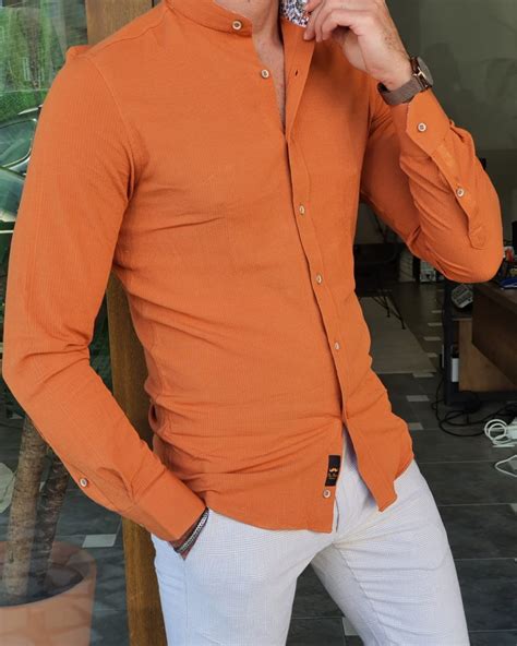 Buy Orange Slim Fit Long Sleeve Cotton Shirt By