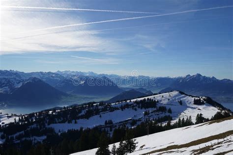 View From Rigi Mountain In Switzerland In Winter On The Horizon There