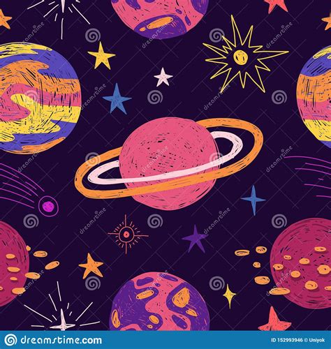 Seamless Pattern With Space Elements Cartoon Style Wallpaper With