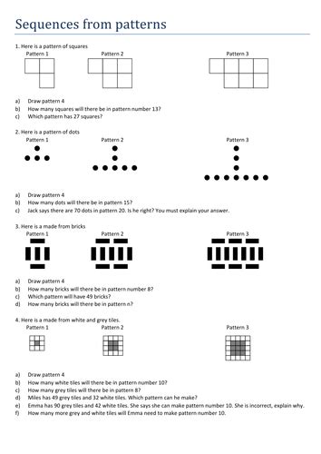 Maths Worksheet Sequences From Patterns Teaching Resources