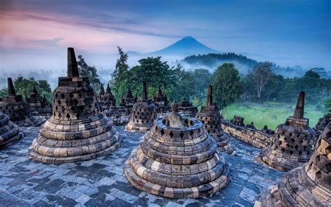 Nature Landscape Buddhism Temple Indonesia Sunrise Mist Volcano