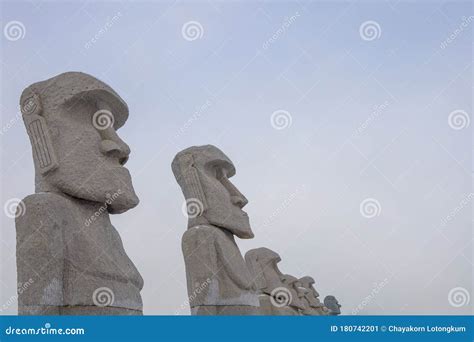 Moai Big Stone Statue In Winter With Snow On Ground Editorial Photo