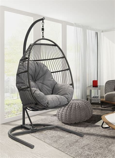 Outdoor Patio Hanging Egg Chair With Olefin Cushion And Metal Stand