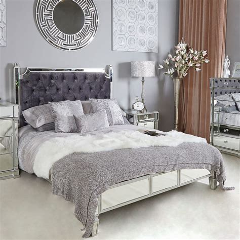 Athens Antique Silver Mirrored King Size Bed Frame With Velvet Headboard Picture Perfect Home