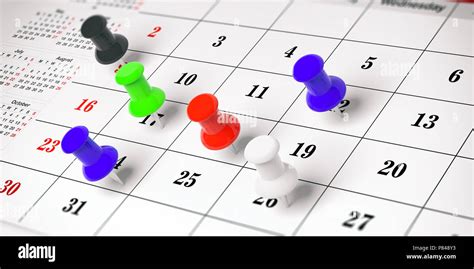 Scheduling Concept Colorful Push Pins On A Calendar Background 3d