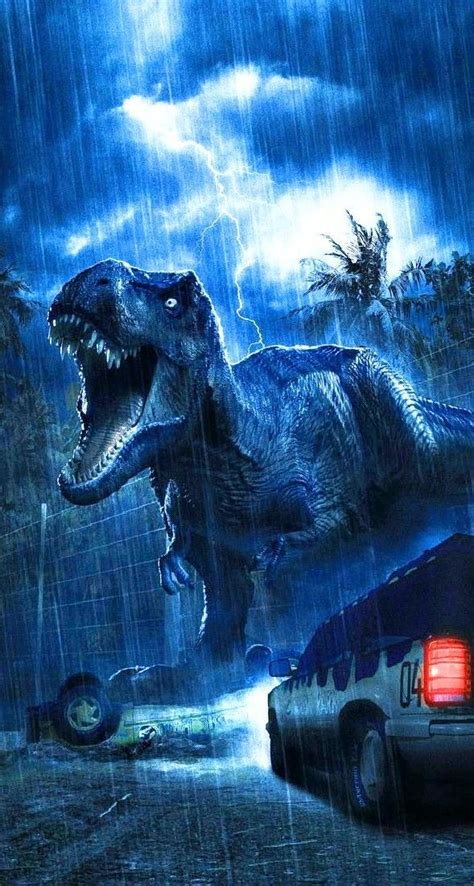 An Image Of A Dinosaur In The Rain Next To A Car With Its Mouth Open