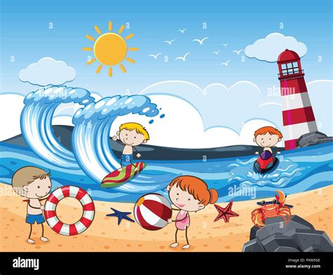 Los Ni Os Con Actividades En La Playa En D A Soleado Ilustraci N Imagen Vector De Stock Alamy