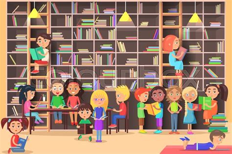 Children Read In The Library Vector Illustration Kids Study In