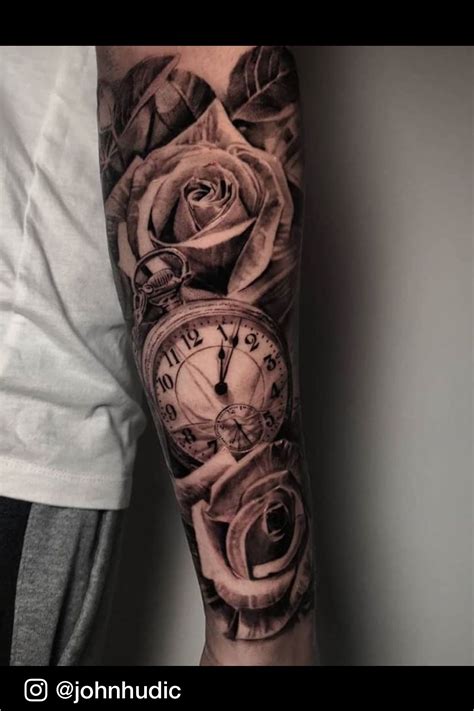 Realistic Black And Grey Clock Tattoo Roses Tattoo Made By John Hudic