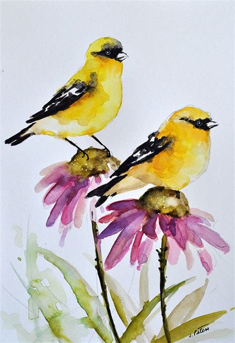 Original Watercolor Bird Painting Goldfinches On Purple Pink