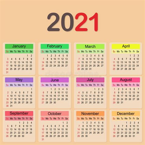 2021 Year Calendar Simple And Clean Planner Template Stock Vector