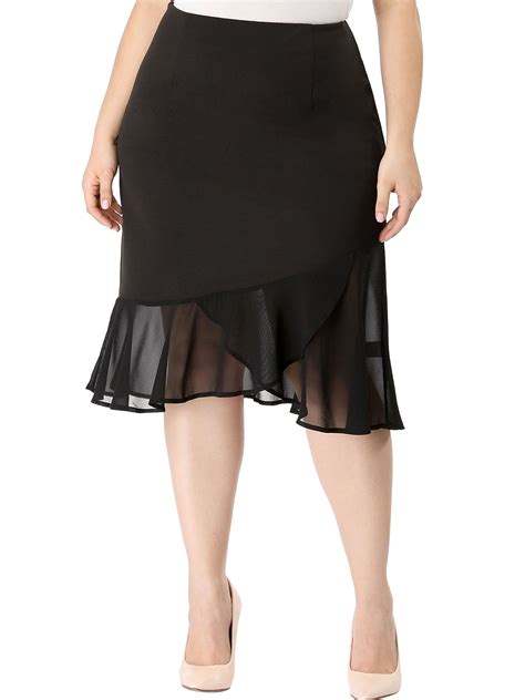 Womens Plus Size Chiffon Stretch Asymmetric Hem Ruffle Skirt Black