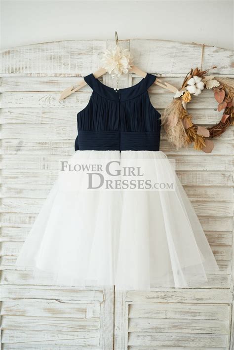 Navy Blue Chiffon Ivory Tulle Halter Neck Wedding Flower Girl Dress Wi